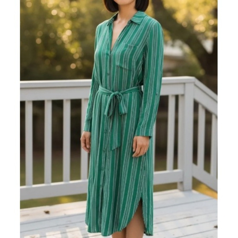 Maeve‎ Anthropologie Green White Striped Shirt Dress Long Sleeve Midi Size 0
